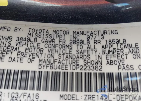 2013 Toyota Corolla L z USA, uszkodzony, nr VIN 5YFBU4EE1DP223362